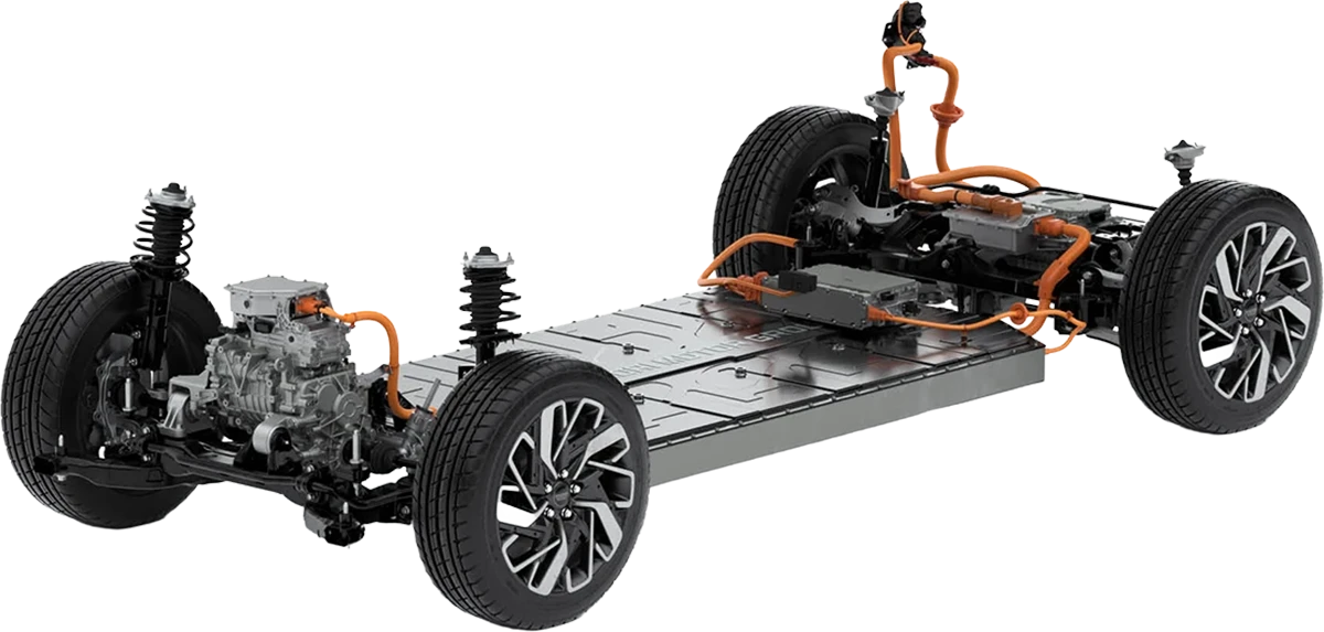 E-GMP skateboard platform with dual motors, battery pack, and 800V architecture