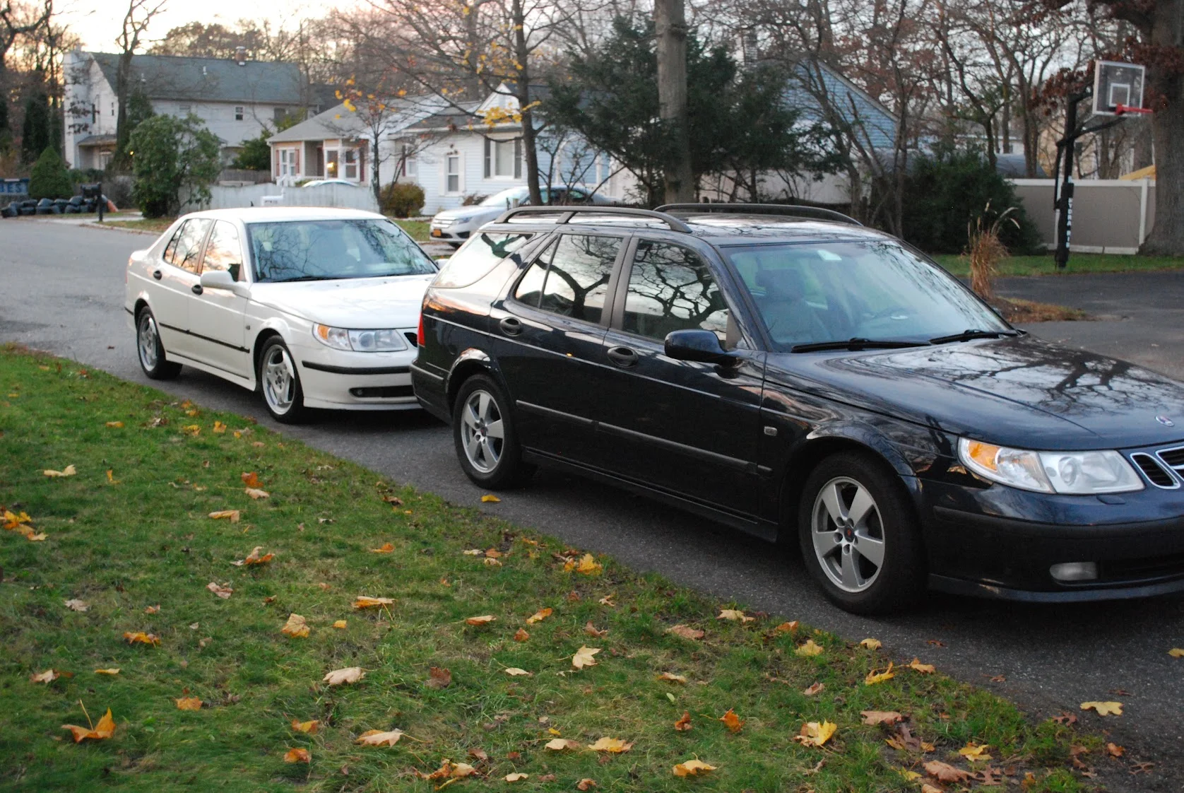 Two Saab 9-5s parked on a residential street — white Aero sedan and black Arc wagon