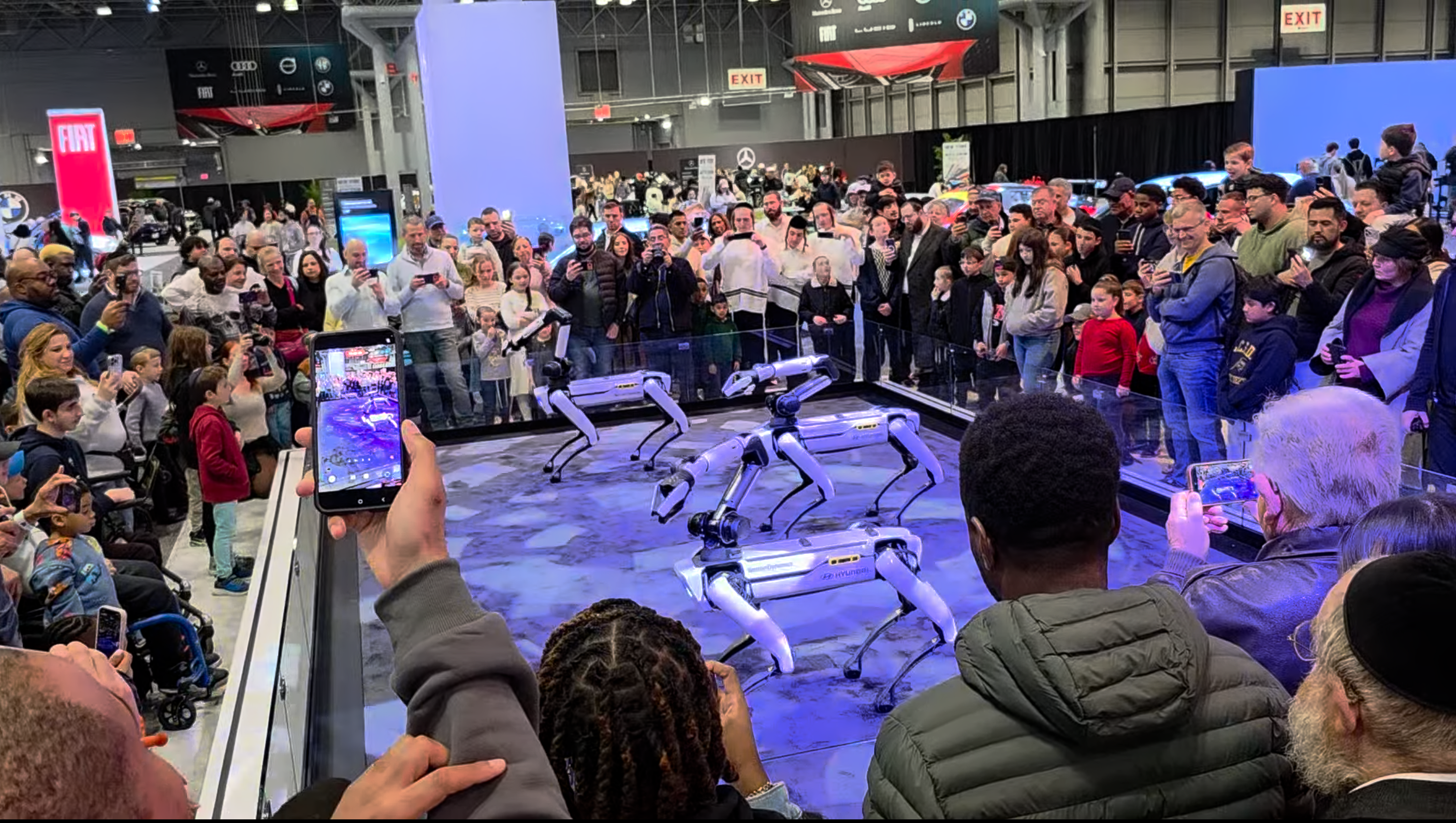 Boston Dynamics Spot robots performing at the 2026 NY Auto Show